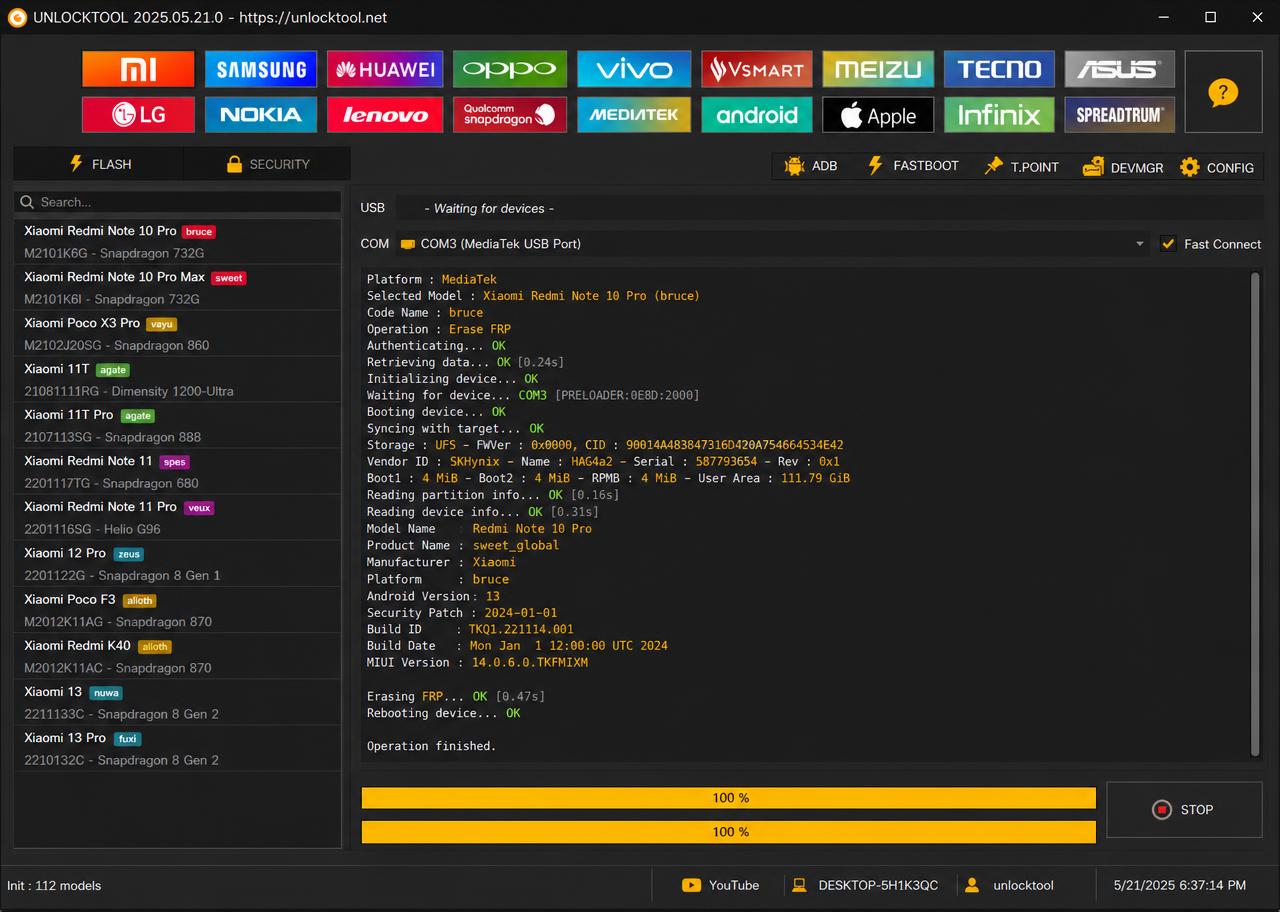Interface da UnlockTool exibindo modelos suportados e log de operação